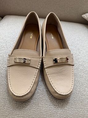 Coach Beige Leather Penny Loafers with Metal Plaque